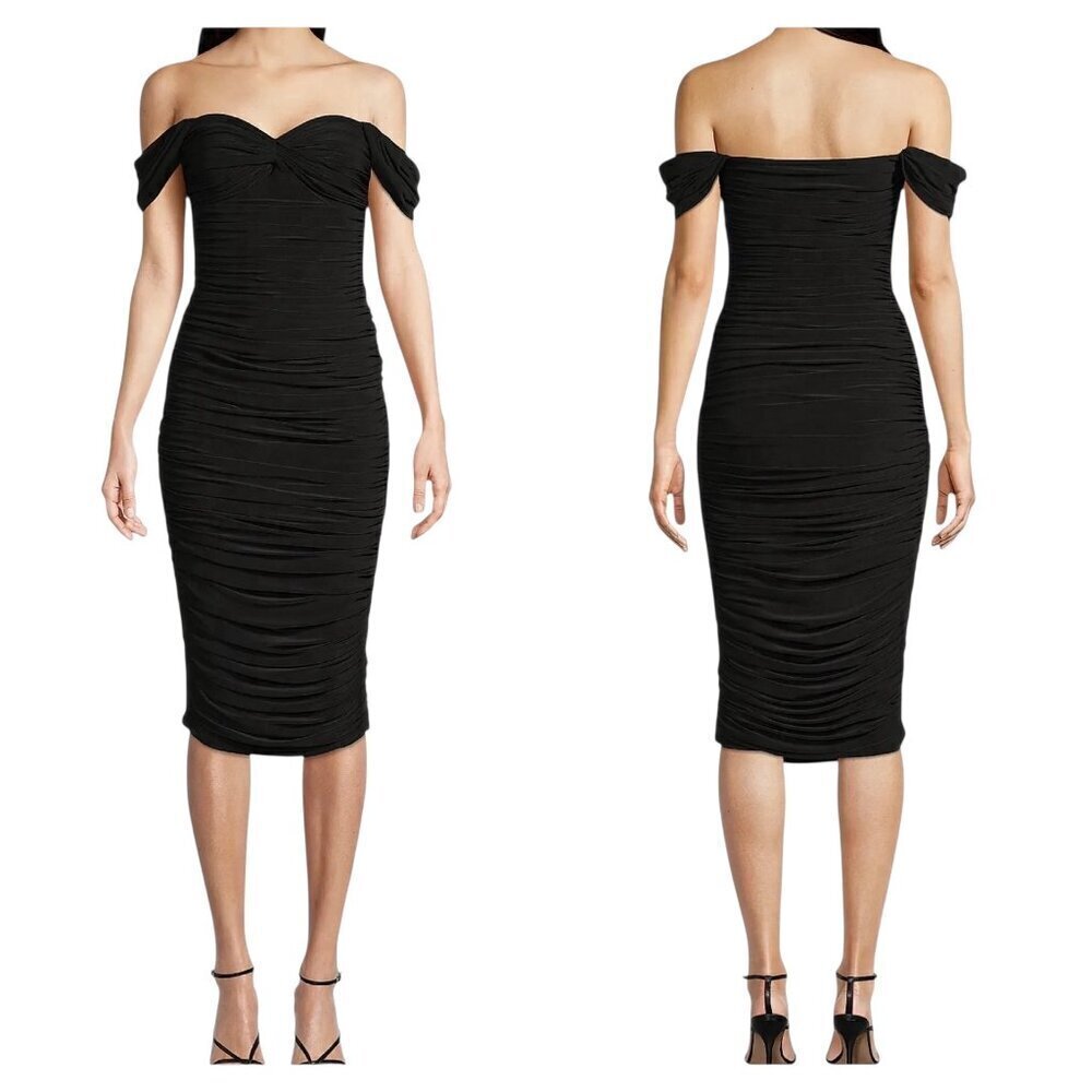 Norma Kamali Walter Dress XS NWT Black Off Shoulder Ruched Midi Cocktail